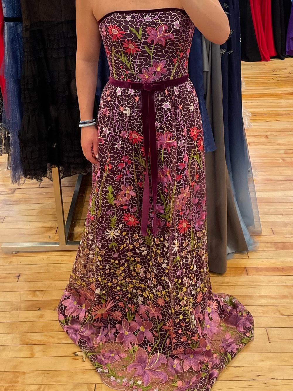 Marchesa Notte Floral Embroidered Purple Strapless Dress
